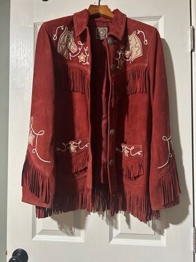 New Double D Ranch Red Suede Fringe Jacket with Horse Embroidery